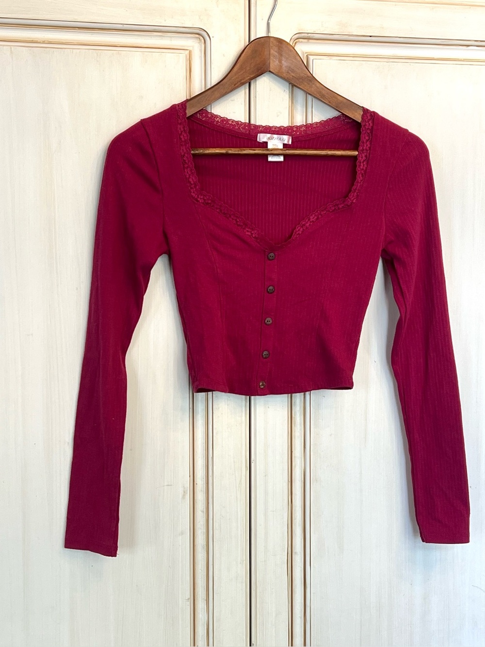 Bozzolo Crop Top Ribbed Magenta Long Sleeve Lace Trimmed Sz S